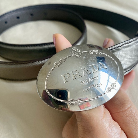 Prada Saffiano Engraved Logo Metallic Dark Silver Belt - Picture 6 of 13